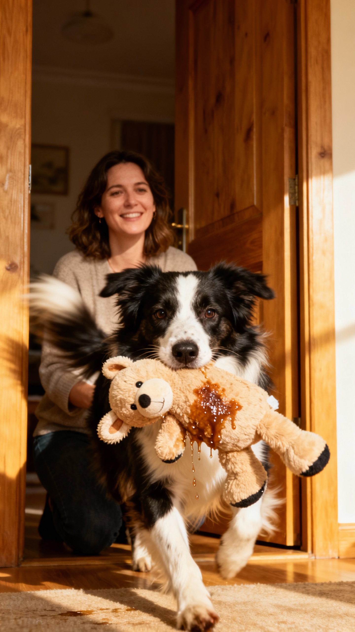 Woman kneeling at doorway greeted by spinning border collie holding slobbery plush toy