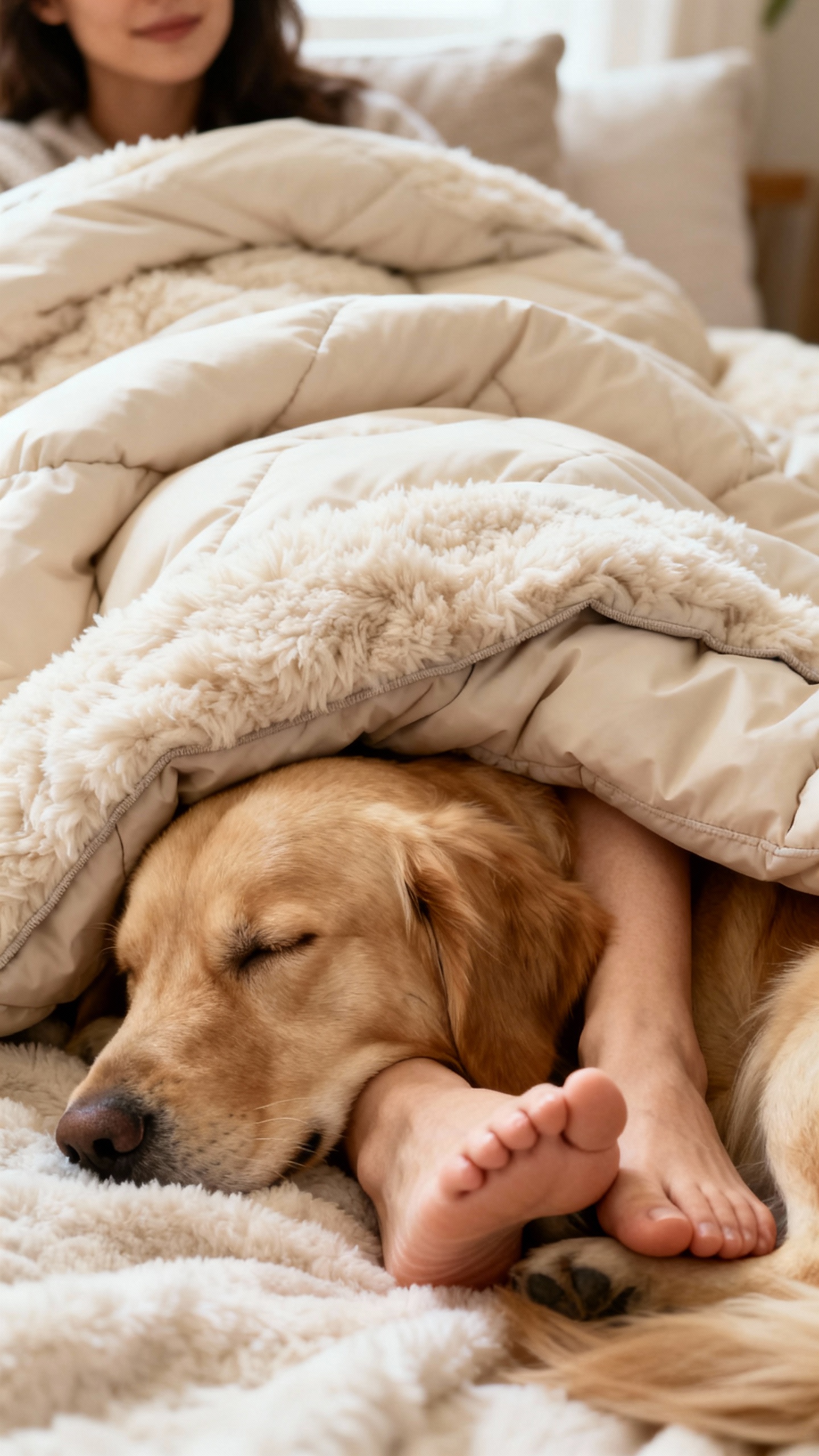 Woman’s feet tucked under sleeping golden retriever, winter duvet