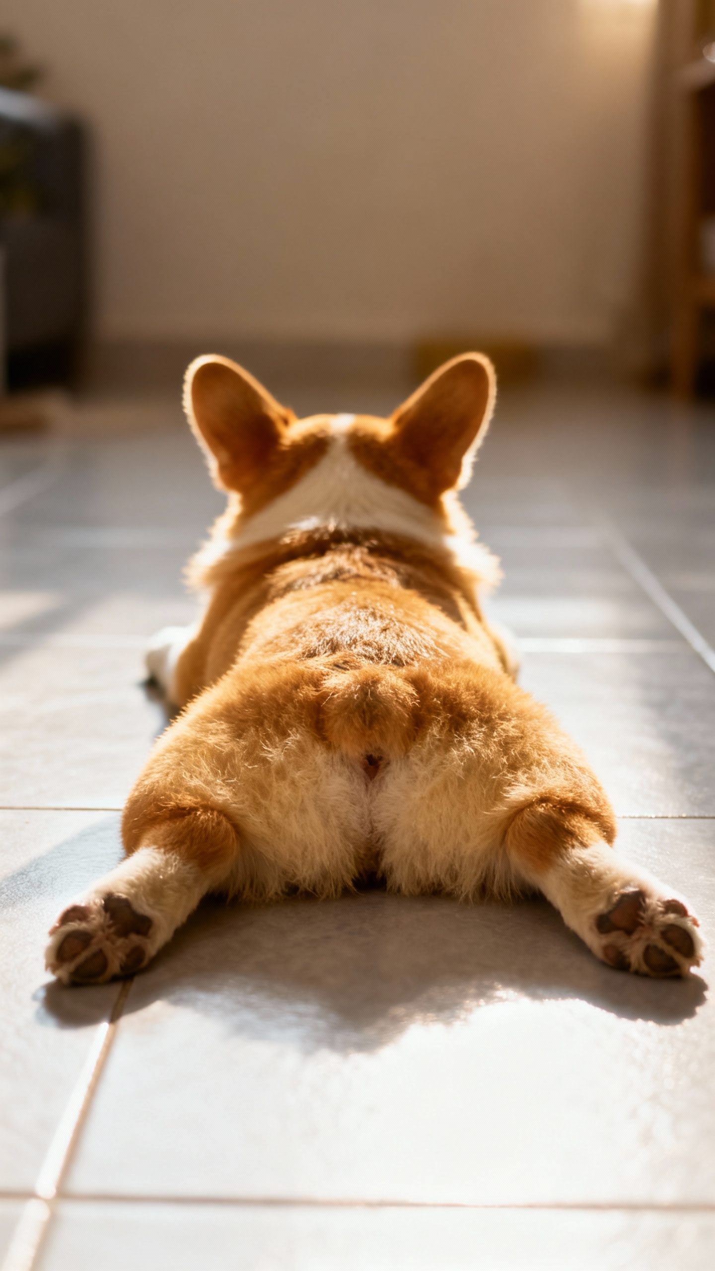 Young corgi splooting on cool tile floor, frog legs
